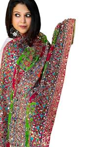 New Season <b>Women's</b> Handmade Ethnic Silk Long Dupatta with Colorful Floral Threadwork Mirror Pieces and Kaudi Shells Goodshopping - Product Image 4