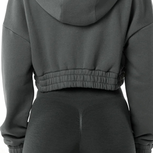 Sweats à capuche classiques à fermeture éclair pour femmes 55% coton 45% Spandex Style d'épaule goutte surdimensionné coupe courte hiver à capuche couleur fumée - Product Image 6