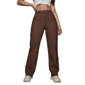 Jean cargo multipoches en denim marron pour femme, respirant, écologique, style streetwear, coupe ample et décontractée - Product Image 1