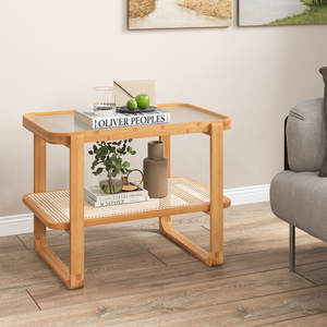 Table de chevet en bois massif avec accents en bambou Meubles de salon élégants - Product Image 4