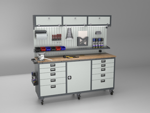 Banc de travail professionnel pour atelier de fabrication avec rangement d'outils, tiroirs et panneau perforé suspendu |   Armoire de garage robuste - Product Image 2