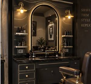 Ensemble de fauteuil de barbier avec miroir, table, siège en cuir, pompe hydraulique, hauteur réglable, design industriel, salon commercial, salon de coiffure - Product Image 5
