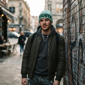 Mint Green Graphic Knit Beanie Hat Unisex <b>Winter</b> <b>Cap</b> Streetwear Headwear Custom Wholesale OEM Factory Premium Warm <b>Cap</b> - Product Image 3