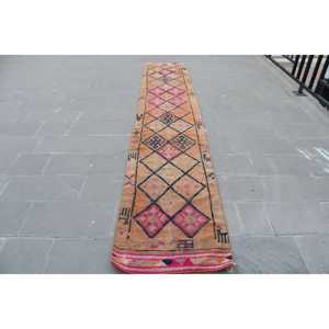Vintage 2.3x12.9 ft Rug, Runner Turkish Rug, <b>Brown</b> Pink Persian <b>Wool</b> Rug - Product Image 1