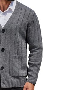 Pull cardigan en maille côtelée gris pour homme avec col en V, boutonné, en coton doux, chaud, manches longues, décontracté, tenue d'hiver tendance - Product Image 3