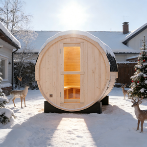 Sauna de barril de pino blanco para exteriores, para 4 personas, con estufa de 6 kW y tejas resistentes a la lluvia - Product Image 1