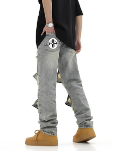 Pantalones Vaqueros Góticos de Alta Calidad para Hombre |   Ropa Urbana de Corte Recto 2025 con Logotipo Personalizado y Bordado 3D de Cristal Sólido - Product Image 2