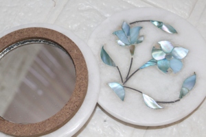 Luxury White Marble Small <b>Mirror</b> for Dressing Table Decor I Blue Mother of Pearl Inlay <b>Pocket</b> <b>Mirror</b> I Boutique Gift <b>Mirror</b> - Product Image 3