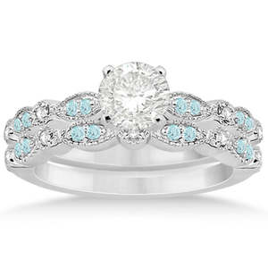 Ensemble de mariage en or blanc 14 carats avec diamant aquamarine en forme de marquise (0,49 ct) - pour mariage, fiançailles, anniversaire, fête religieuse, cadeau - Product Image 5