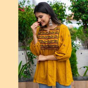 Nueva llegada, precio de fabricante, último cuello, tela de rayón, indio, bordado, corto, señoras, Ropa Étnica, Túnica superior, impresión Digital - Product Image 4