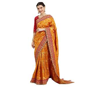 Trendmalls Women's Pure Silk Embroidery Party Style <b>Saree</b> with Unstitched Blouse Piece for Wedding Occasion (K1113-<b>Orange</b>) - Product Image 1