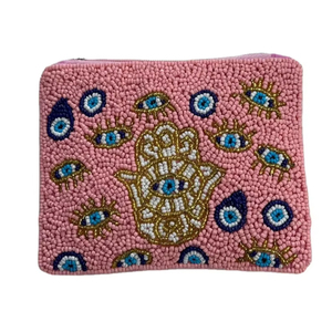 Declaración de lujo hecho a mano Hamsa mano Ojo con cuentas diseño bordado Mini bolso con cremallera elegante moda elegante Premium Top DE LA India - Product Image 1