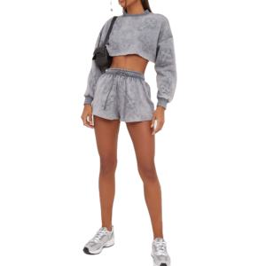New Stylish Winter Solid Custom Logo 100% Cotton Women's Tracksuit Crop <b>Top</b> Sweatshirt Jogging Set - Product Image 1