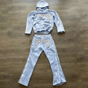 Survêtement d'hiver léger en chenille brodée personnalisé avec fermeture éclair sur la manche latérale, survêtement unisexe avec pantalon de survêtement évasé à deux pièces - Product Image 3