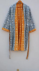 Hecho a mano tejido indio acolchado bloque estampado Reversible Kantha Robe estilo Kimono japonés chaqueta de invierno cinturón de corbata multicolor Casual - Product Image 6