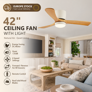 Ventilateur de plafond 42 pouces avec lumière et télécommande, montage encastré, 3 pales en bois massif, moteur DC avec contrôle par application - Stock Europe - Product Image 1