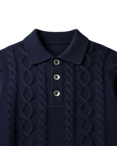 Suéter Polo de Punto Trenzado Personalizado para Hombre, Manga Larga, Cuello con Botones, Clásico, para Invierno, en Azul Marino, para Venta al por Mayor - Product Image 2