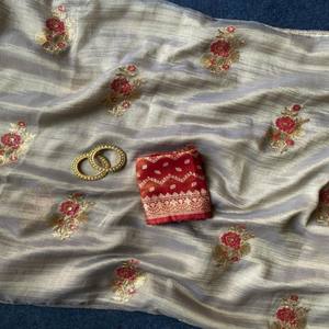 Sari VASTRA COTTAGE de doble tono en tejido puro con bordado de flores de lentejuelas multicolores y borde de encaje para fiestas - Product Image 4