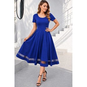 Vestido midi de crepé brillante con cuello redondo y manga corta para mujer, con detalles de tul, 34683 - Azul - Product Image 3