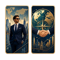 Carte de collection en métal double face personnalisée « Succès d'entreprise » avec cadre doré, globe, carte du monde et silhouette urbaine – Cadeau d'entreprise
