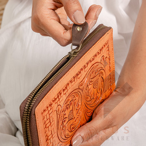 High Quality Women's Genuine Leather Purse Wallet Fashionable <b>Long</b> Design Clutch <b>Bag</b> with Open Closure and Decorative Feathers - Product Image 4