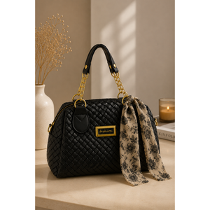 Bolso de mano y hombro de cuero negro-beige con detalle de cadena - Product Image 1