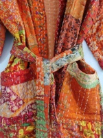 Hermoso Kimono de Invierno Ecológico y Natural de Doble Capa de Algodón y Seda, Hecho a Mano con Parches Kantha, para Mujer, con Bolsillos y Cinturón