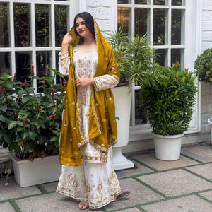 Mustard Yellow Pakistani Designer Georgette fully embroidered Sequence Work Readymade Salwar Kameez Stitched <b>Wedding</b> Wear <b>Suits</b> - Product Image 1