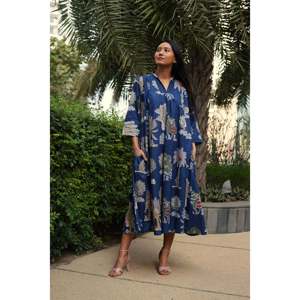 Robe de soleil bleue style palmier - Bohème, élégante, col carré, respirante, grandes tailles (du XS au 6XL) pour le bureau, les loisirs et les soirées - Product Image 1