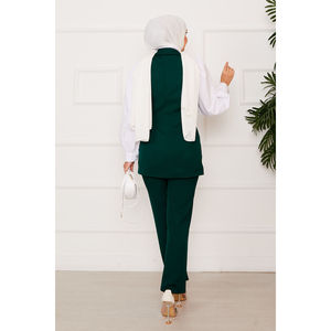 Conjunto de chaleco esmeralda con lazo lateral, blazer largo XL de fitness, cuello con lazo, tejido de lana y poliéster, botones decorativos, color esmeralda, para fitness. - Product Image 6