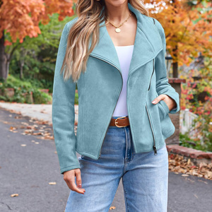 Nouveau design à la mode Veste en daim à fermeture éclair de couleur unie à manches longues Veste en cuir pour femmes - Product Image 3