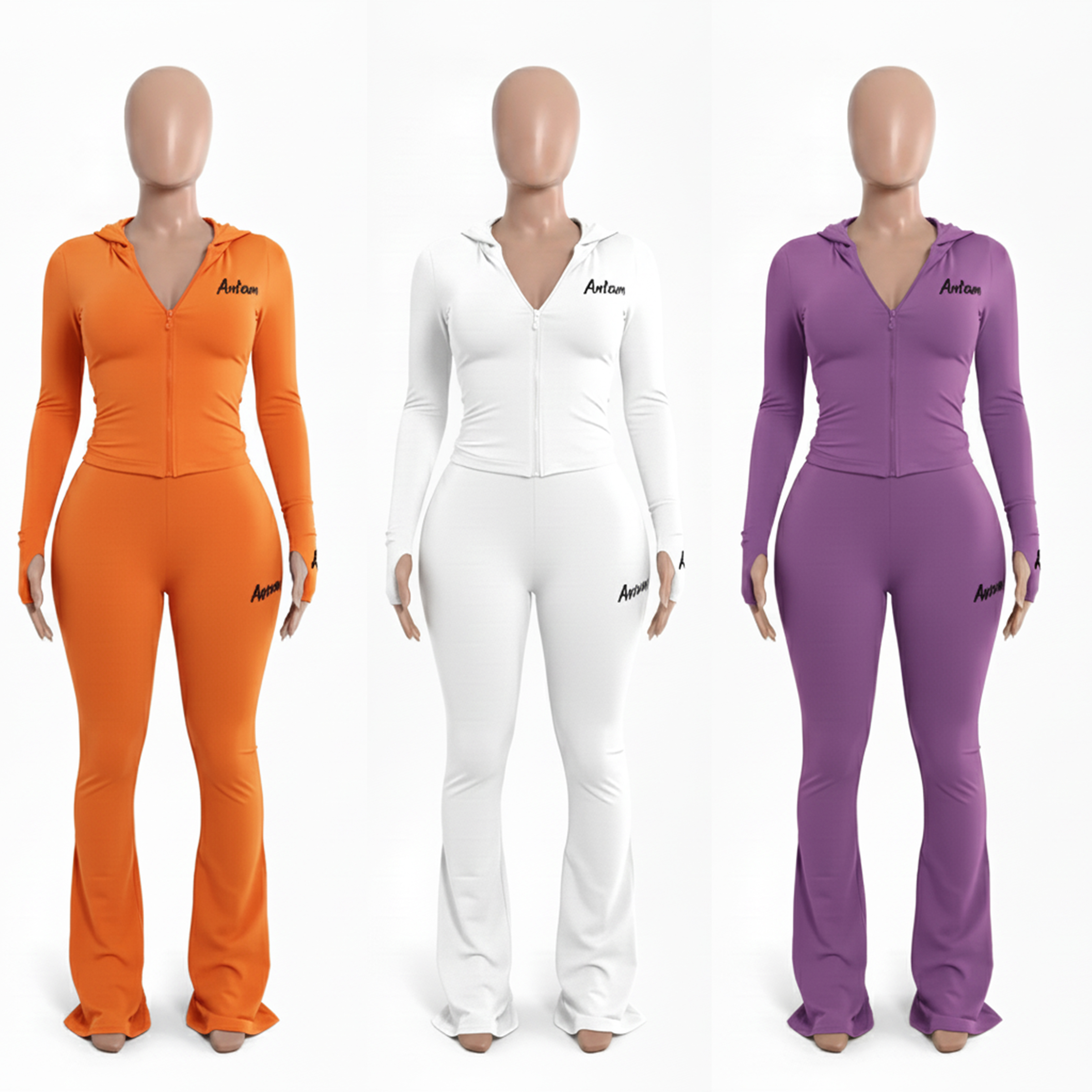Custom Women Winter Hooded Two-Piece Skinny Casual Tracksuit Set Heavyweight 100% Polyester Flare Pants Zip Jacket Jogging Suit