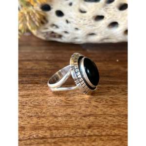 Navajo-Handmade Statement <b>Adjustable</b> <b>Ring</b> Onyx and Sterling Silver with Bezel Setting Stylish Trendy Size 6.5 Perfect Gift - Product Image 3
