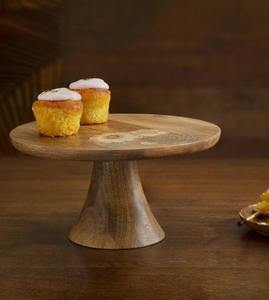 Support à gâteau rond en bois de manguier gravé de motifs floraux, plateau décoratif pour pâtisseries, idéal pour les anniversaires et les mariages - Product Image 2
