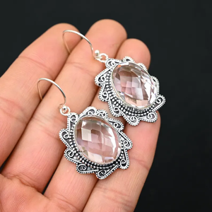 ต่างหู kunzite สีชมพู925เงินสเตอร์ลิงทำด้วยมือพลอยรูปไข่แบบห้อยอัญมณีสำหรับเป็นของขวัญสำหรับผู้หญิง - Product Image 2