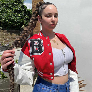 Custom Printed Red Leather <b>Sleeve</b> Women's Varsity Baseball Denim <b>Jackets</b> <b>Short</b> Fashion <b>Jackets</b> for Women - Product Image 1