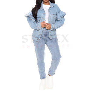 แจ็กเก็ตผ้ายีนส์สีน้ำเงินสำหรับผู้หญิงเดรสแฟชั่น2ชิ้นแขนระบายและกางเกงยีนส์ - Product Image 1
