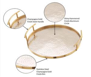 Plateau rond en métal doré de qualité supérieure au design martelé, idéal pour offrir des banquets, des occasions festives et une table en Inde - Product Image 5