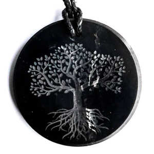 Colgante redondo de shungita pulido y grabado Árbol de la vida 1.4 pulgadas (35 mm) - Product Image 3