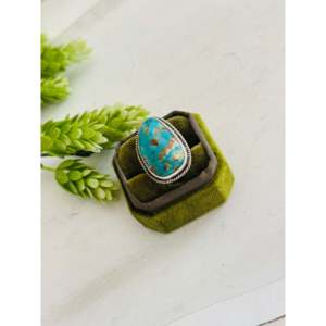 Southwest Style Kingman <b>Turquoise</b> & Sterling Silver <b>Ring</b> Size 9.5 Rose Gold 18K Plated Bezel Setting Inlay Stainless Steel Gift - Product Image 4