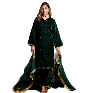 Women's Allover <b>Viscos</b> Velvet Jari Threads Embroidered Butti Lace Half Sleeve Party Salwar Kameez Indian Pakistani Heavy Faux - Product Image 1