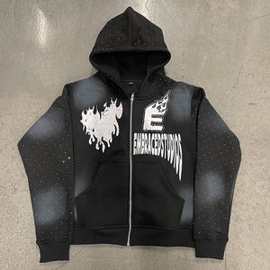 Nouvelle mode hommes 100% coton sweat à capuche zippé lavage à l'acide broderie Logo Patch plein strass Style à revers avec motif imprimé - Product Image 2