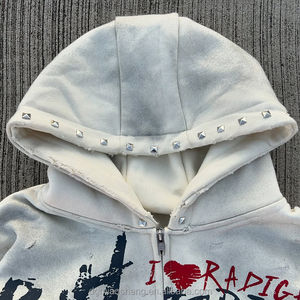 Sweat à capuche zippé surdimensionné personnalisé OEM pour homme, style streetwear, avec strass, rivets, imprimé numérique, effet vieilli et délavé à l'acide vintage - Product Image 4