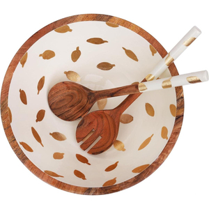 Ensemble de saladiers en bois de manguier de qualité supérieure avec fourchette et cuillère de service, finition émaillée alimentaire et design moderne en feuille d'or, en vente - Product Image 1