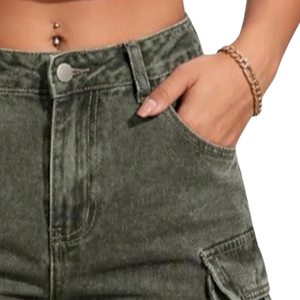 Shorts cargo en jean délavé pour femme, coupe décontractée mi-longue, poches utilitaires, streetwear d'été, respirant, séchage rapide, en coton et denim - Product Image 3