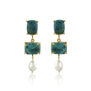 Pendientes colgantes de moda románticos hechos a mano chapados en oro, piedras preciosas de crisocola genuinas, joyería de latón en forma de corazón, regalos de bisel - Product Image 1