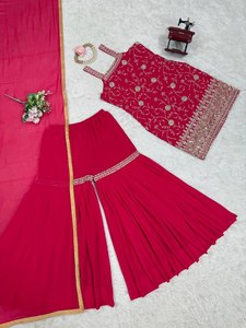 Último Modelo de Traje de Fiesta para Bodas, Diseño Elegante en Georgette Sintético con Bordado de Hilo y Lentejuelas, Top y Sharara con Borde de Encaje y Dupatta - Product Image 4