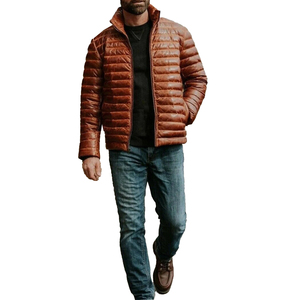Chaqueta de Cuero Personalizada para Hombre, Estilo Urbano, Larga, Acolchada, Marrón, Piel de Oveja Genuina, Abrigo Informal Delgado y Cálido para Invierno con Cuello Alto - Product Image 3