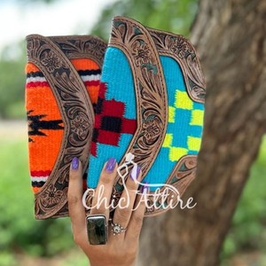 กระเป๋าคลัทช์หนังแท้สไตล์ตะวันตก aztec สีน้ำตาลวินเทจทำด้วยมือแท้คลัทช์หนังผ้าอะซเทคมีเอกลักษณ์ - Product Image 1