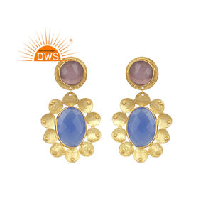 Handmade Design <b>Brass</b> Set Blue Chalcedony and Hydro Rose Gemstone Dangle Earring Fashion Jewelry Manufacturer - Product Image 1